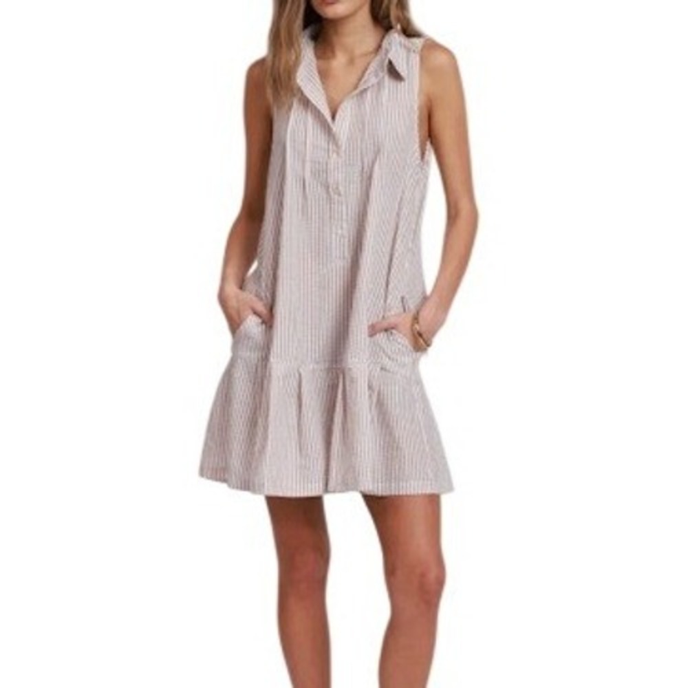 Dylan Striped Seersucker Romper Dress Collared Button Front Tan White Small
